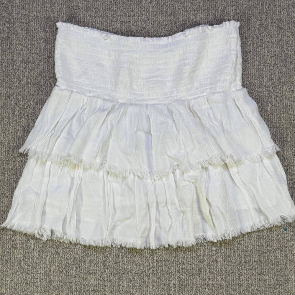 Aerie White Smocked Tiered Mini Skirt Size S‎ Boho Beach Fringe Hem